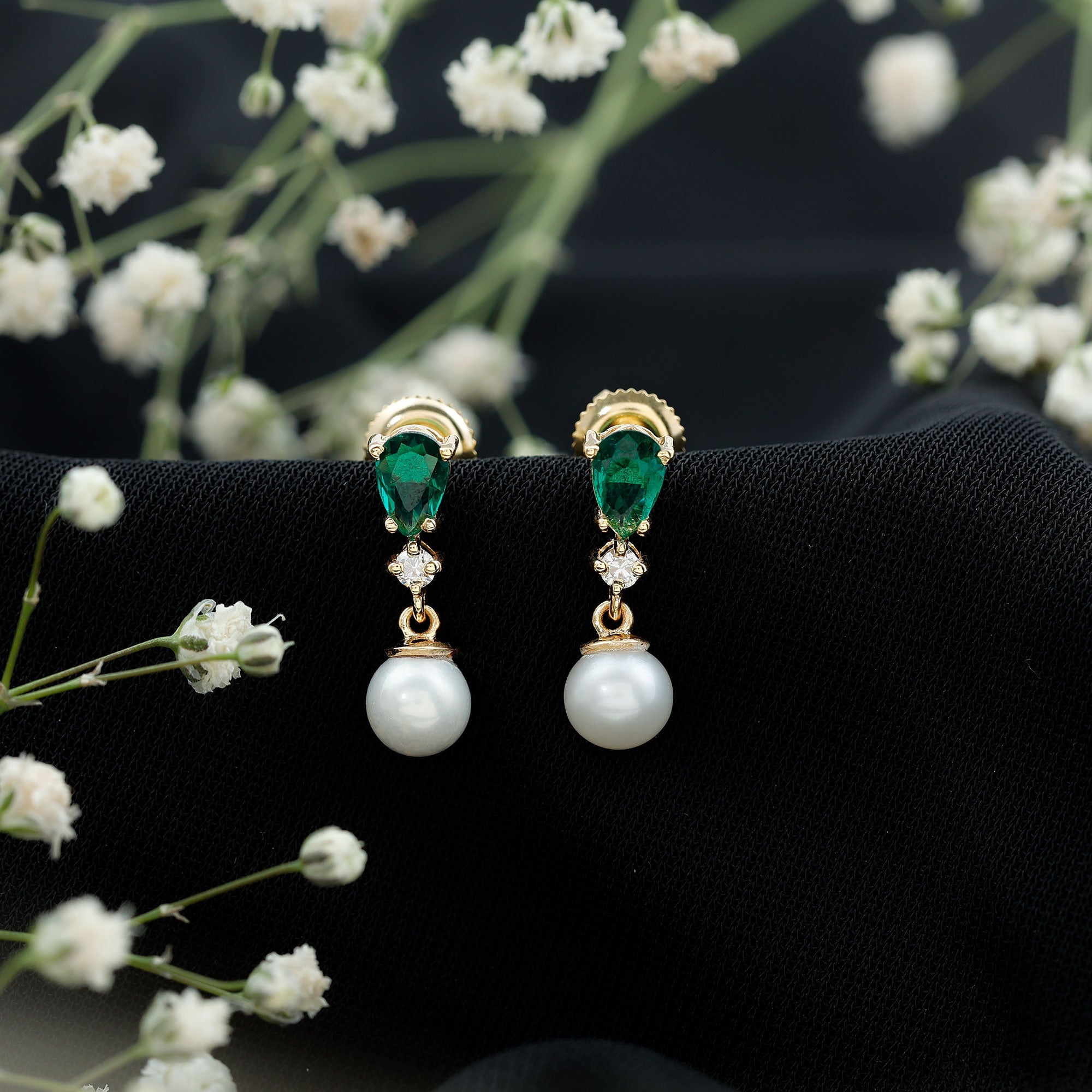 Freshwater Pearl Drop Dangle Earrings With Created Emerald