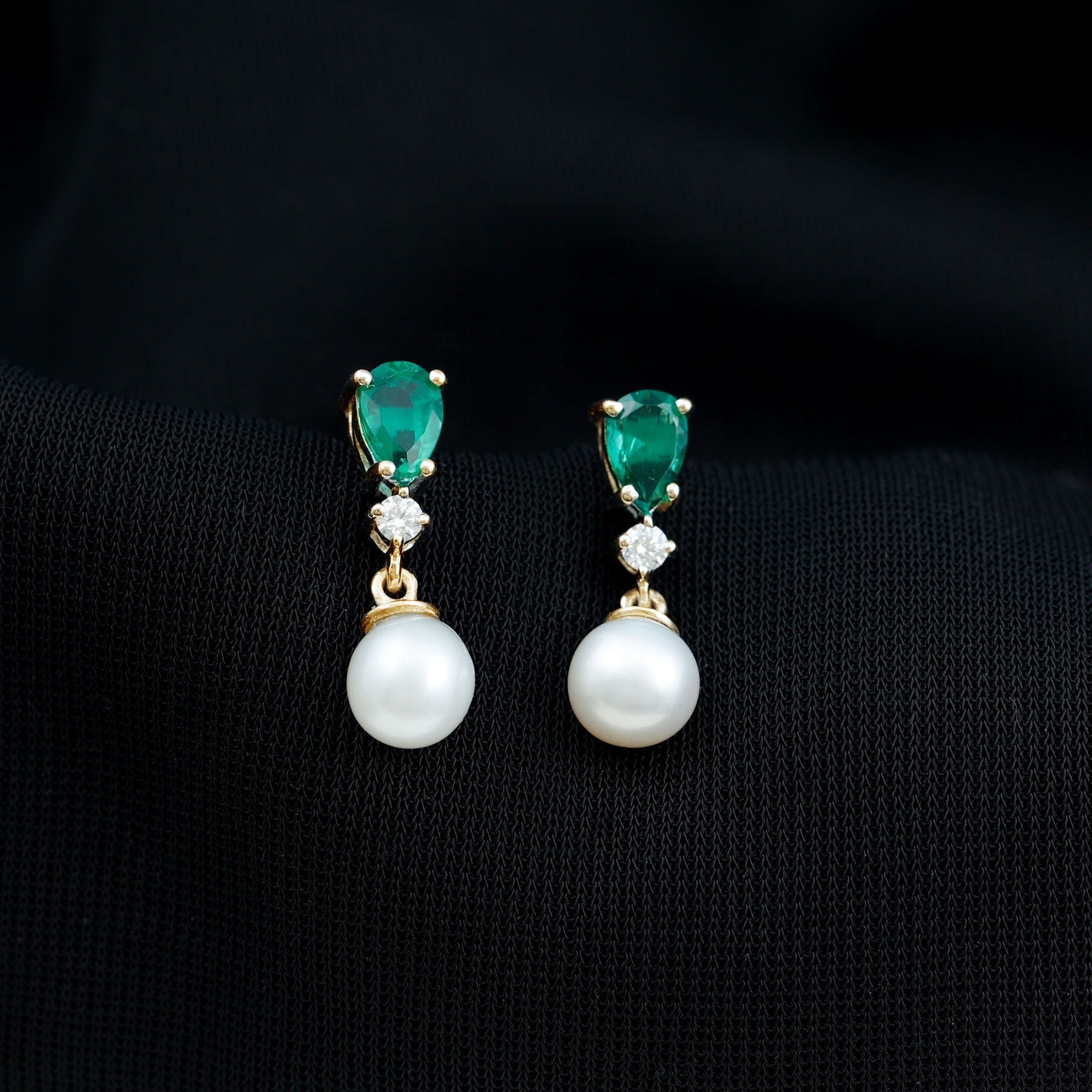 Freshwater Pearl Drop Dangle Earrings With Created Emerald