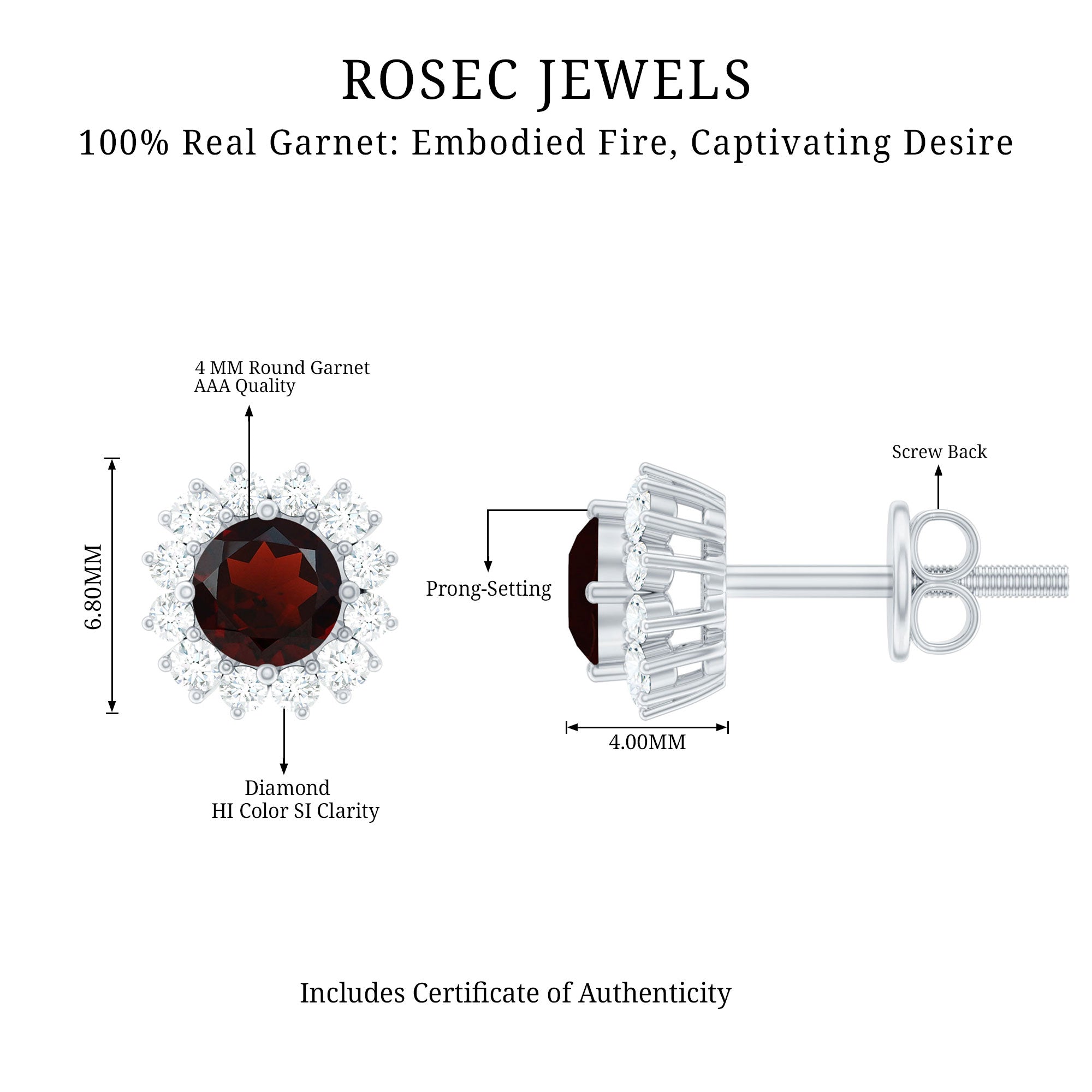 Genuine Garnet and Diamond Halo Stud Earrings