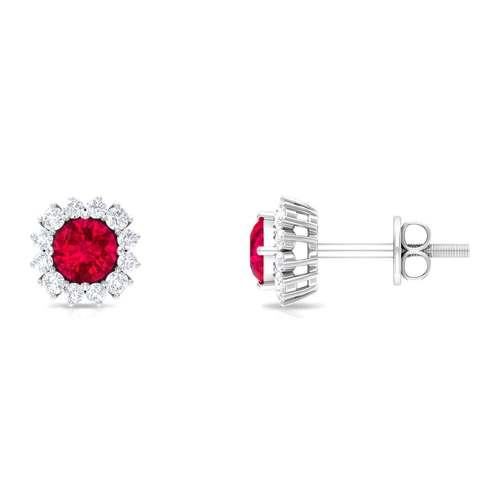 0.6 Carat Lab Created Ruby Classic Stud Earrings with Diamond Halo