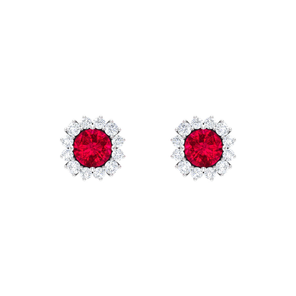 0.6 Carat Lab Created Ruby Classic Stud Earrings with Diamond Halo