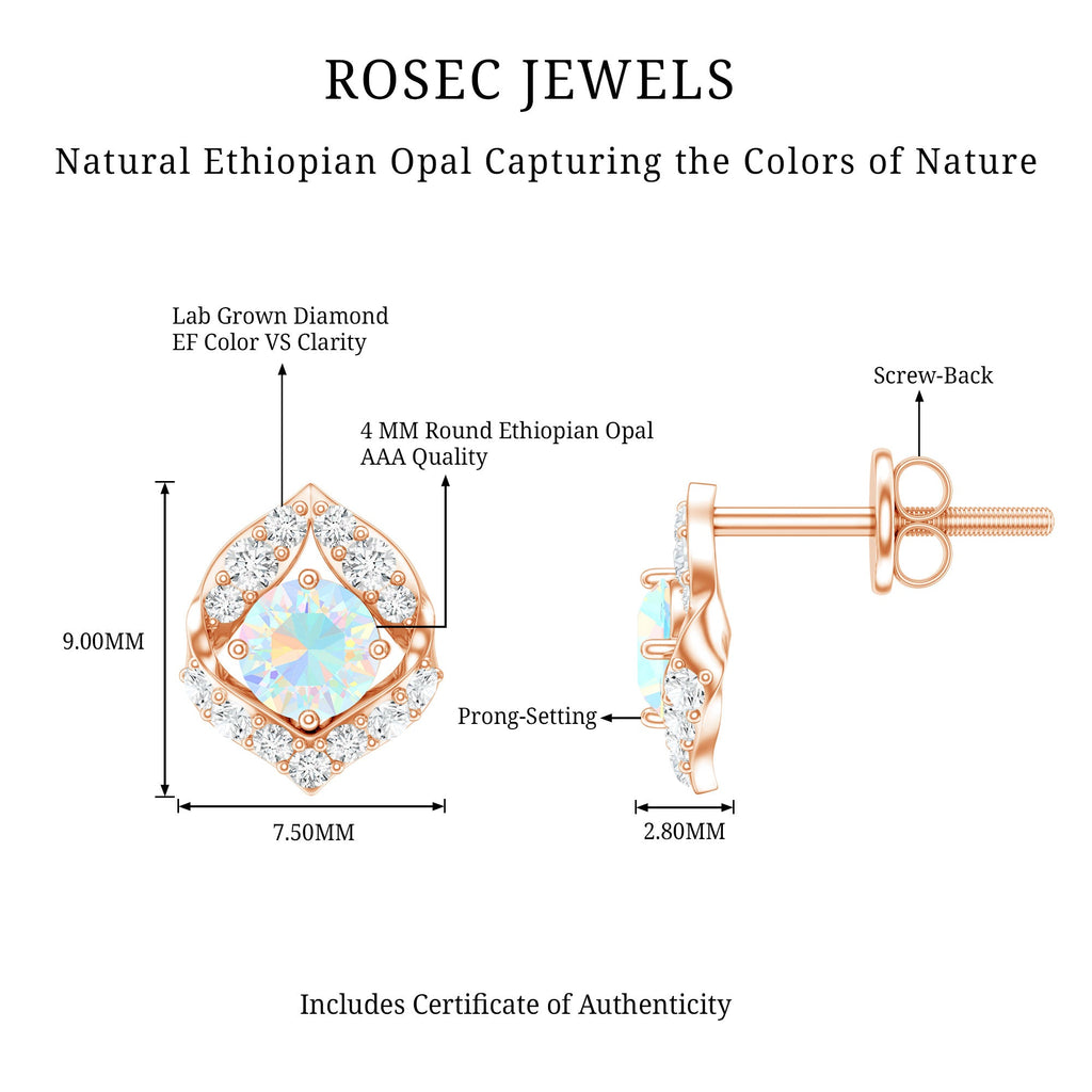 Vintage inspired Ethiopian Opal Stud Earrings with Diamond Accent