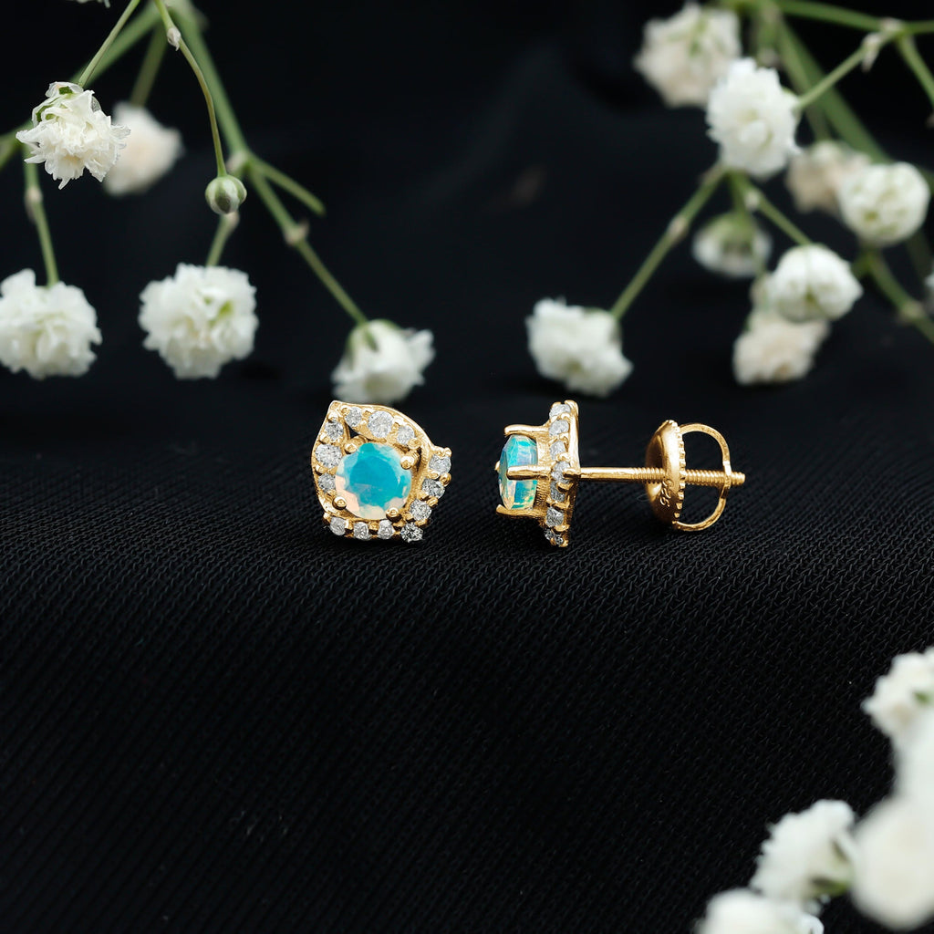 Vintage inspired Ethiopian Opal Stud Earrings with Diamond Accent