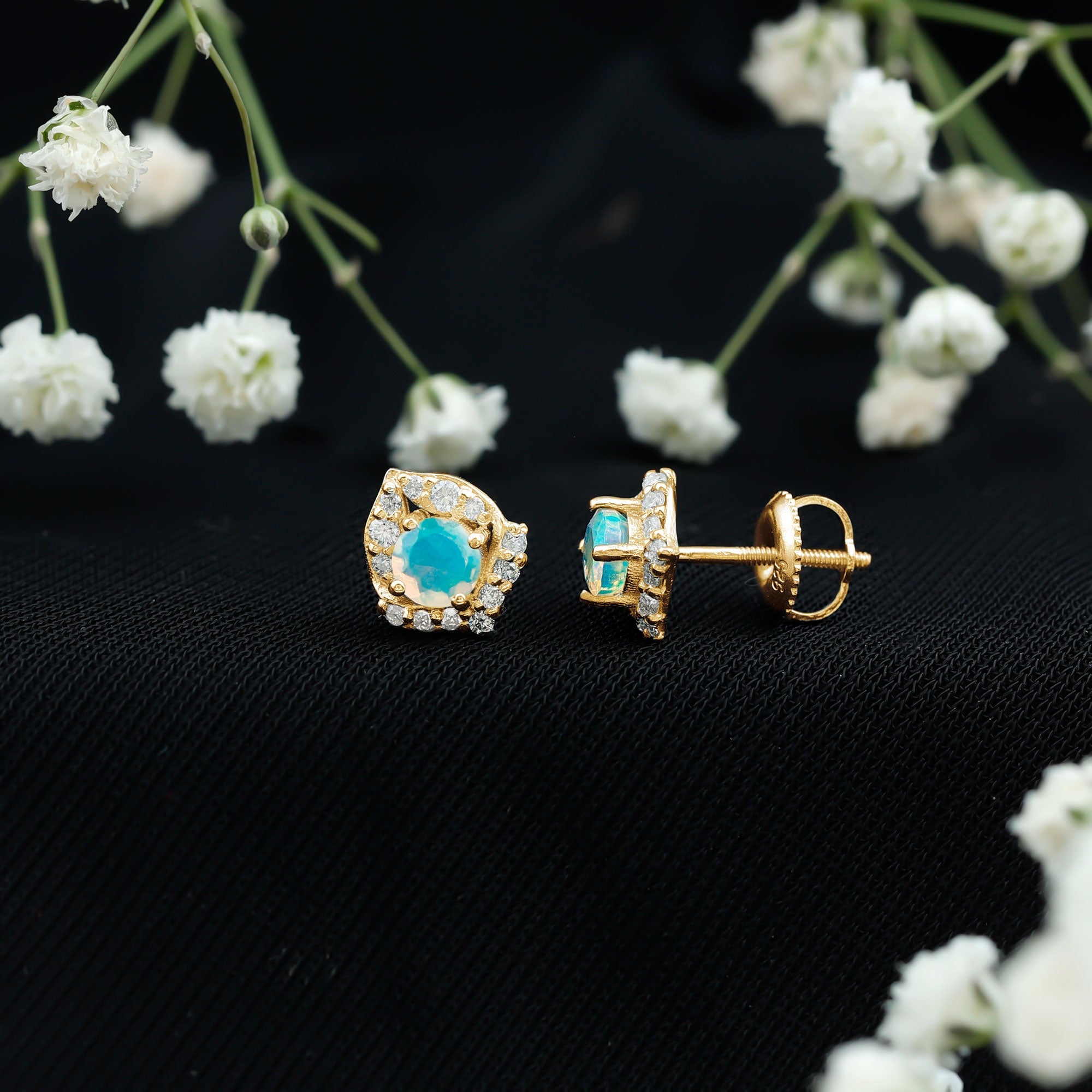 Vintage inspired Ethiopian Opal Stud Earrings with Diamond Accent