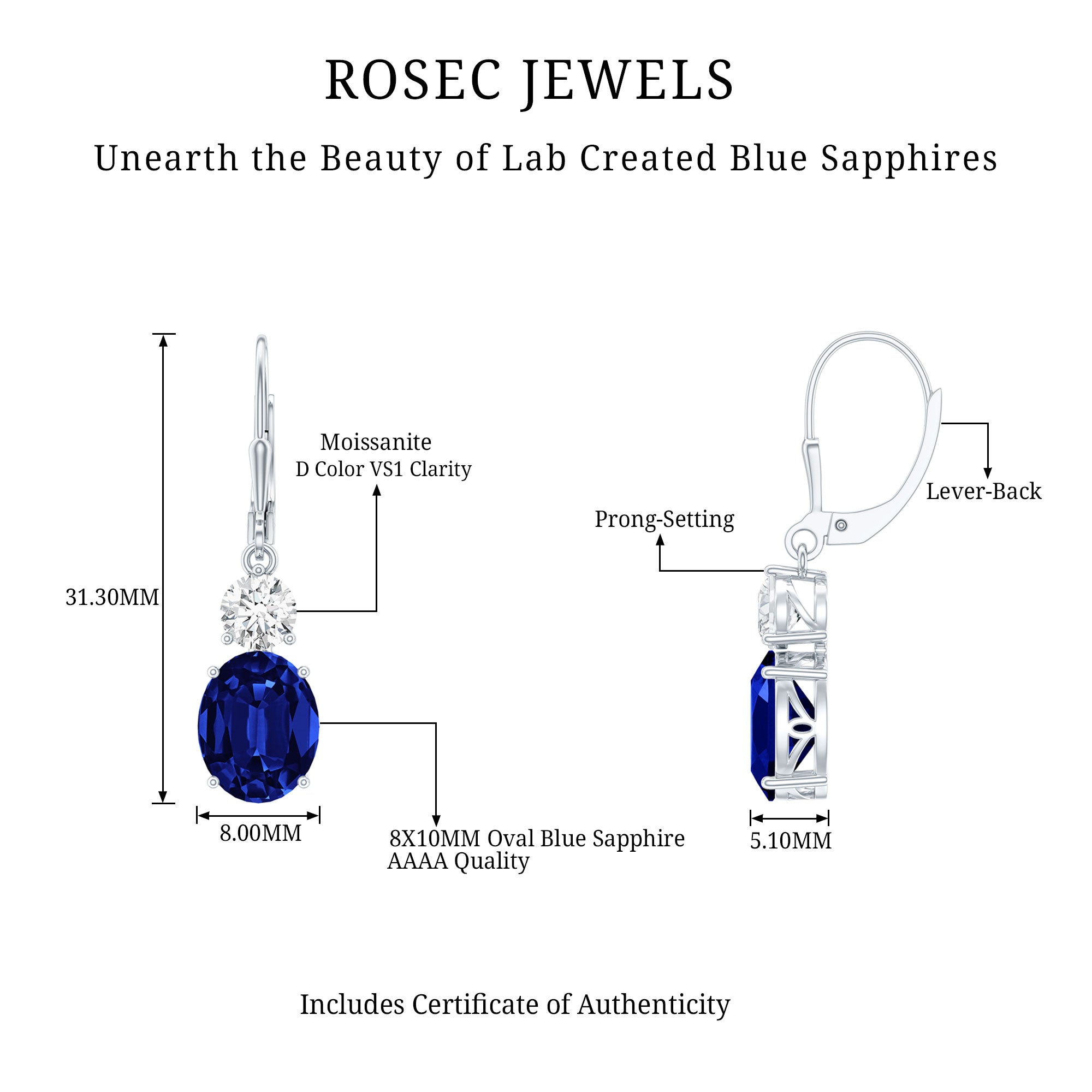 Certified Lab Grown Blue Sapphire and Moissanite Drop Dangle Earrings