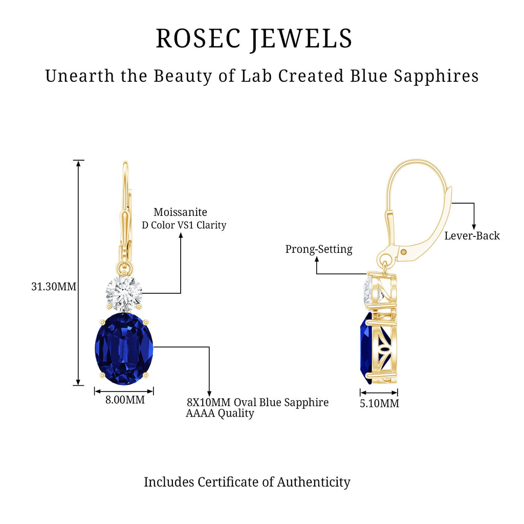 Certified Lab Grown Blue Sapphire and Moissanite Drop Dangle Earrings