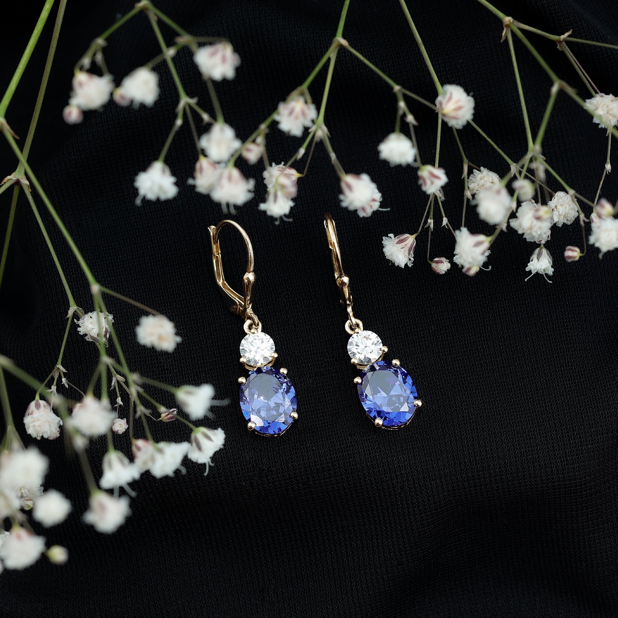 Certified Lab Grown Blue Sapphire and Moissanite Drop Dangle Earrings
