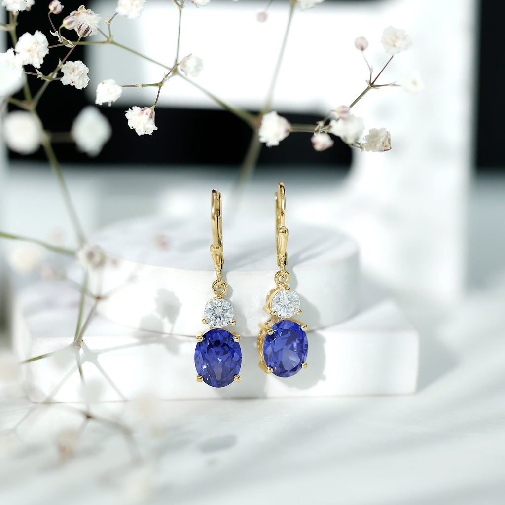 Certified Lab Grown Blue Sapphire and Moissanite Drop Dangle Earrings