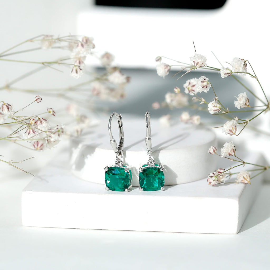 Cushion Cut Lab Created Emerald Dangle Hoop Earrings