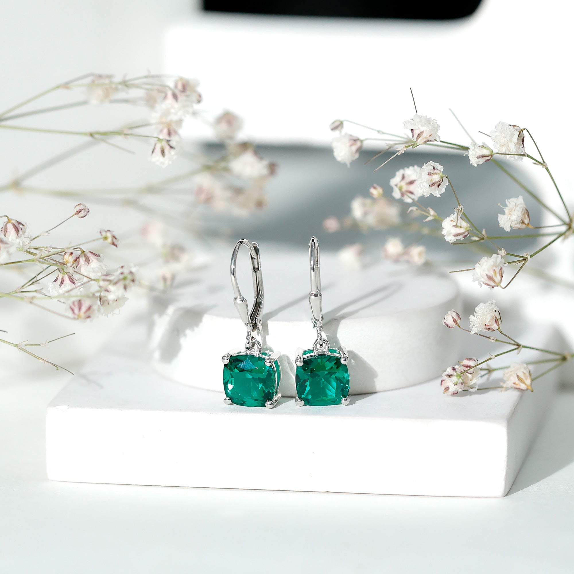 Cushion Cut Lab Created Emerald Dangle Hoop Earrings