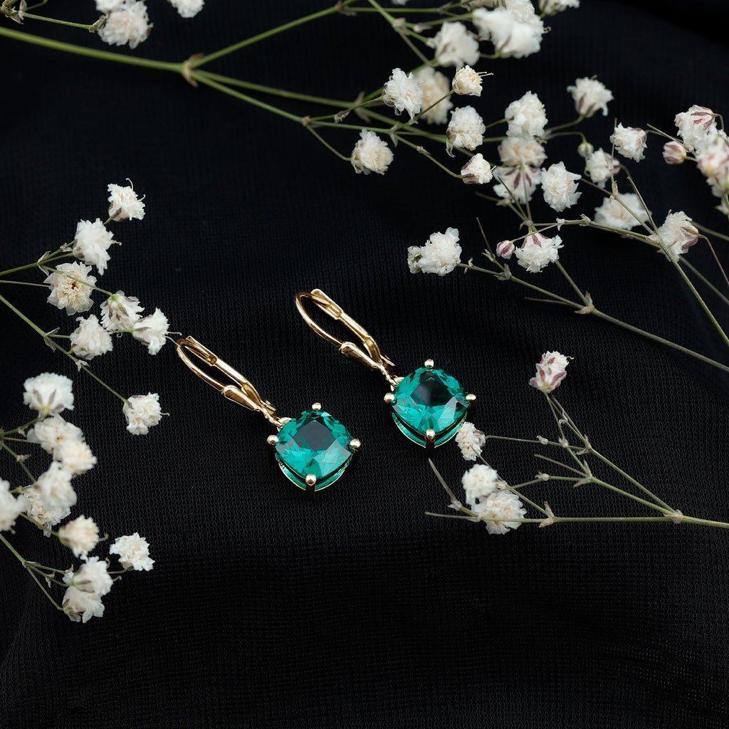 Cushion Cut Lab Created Emerald Dangle Hoop Earrings