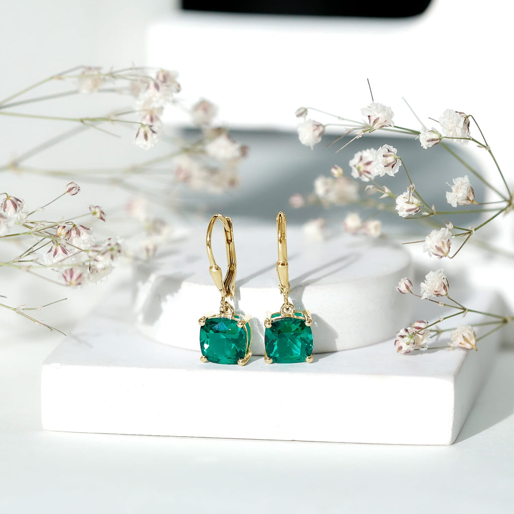 Cushion Cut Lab Created Emerald Dangle Hoop Earrings