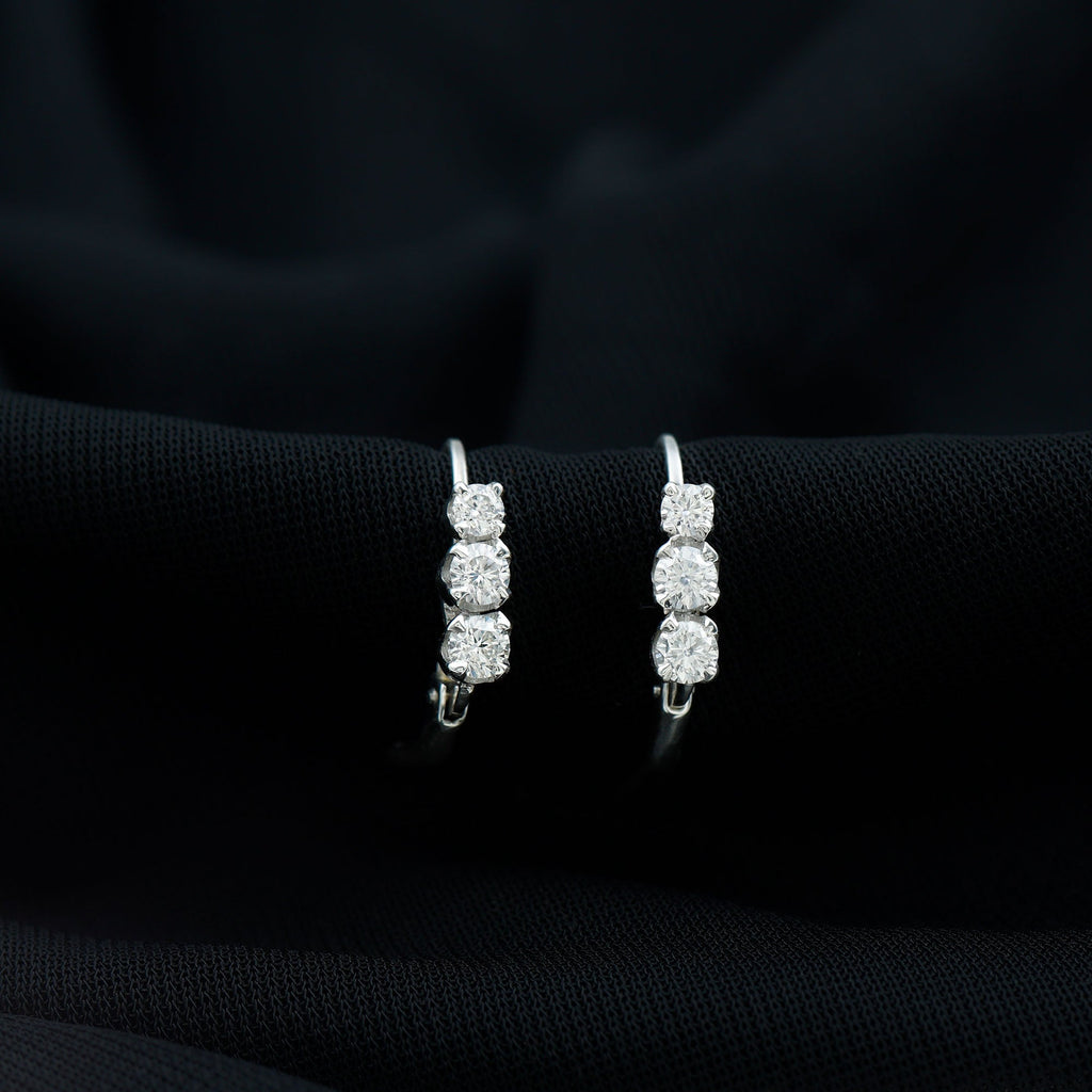 Round Moissanite Three Stone Hoop Earrings with Lever Back
