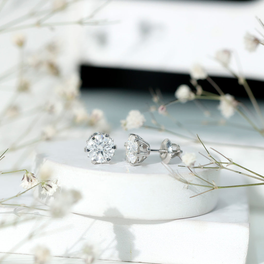Brilliant Cut Moissanite Solitaire Stud Earrings in Decorative Setting