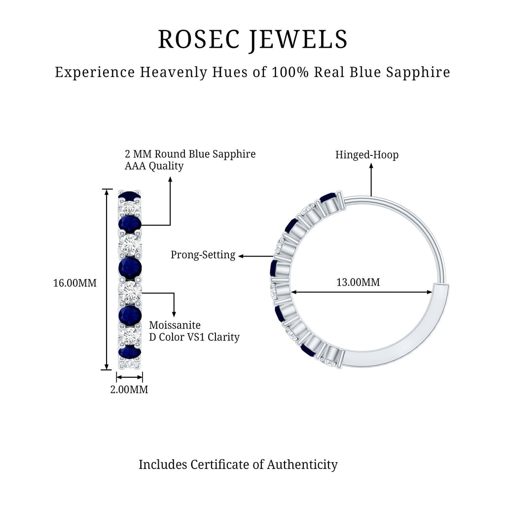 Round Blue Sapphire and Diamond Hinged Hoop Earrings with Certificate