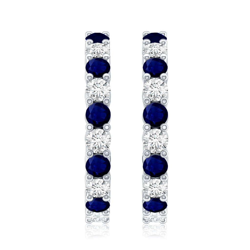 Round Blue Sapphire and Diamond Hinged Hoop Earrings with Certificate