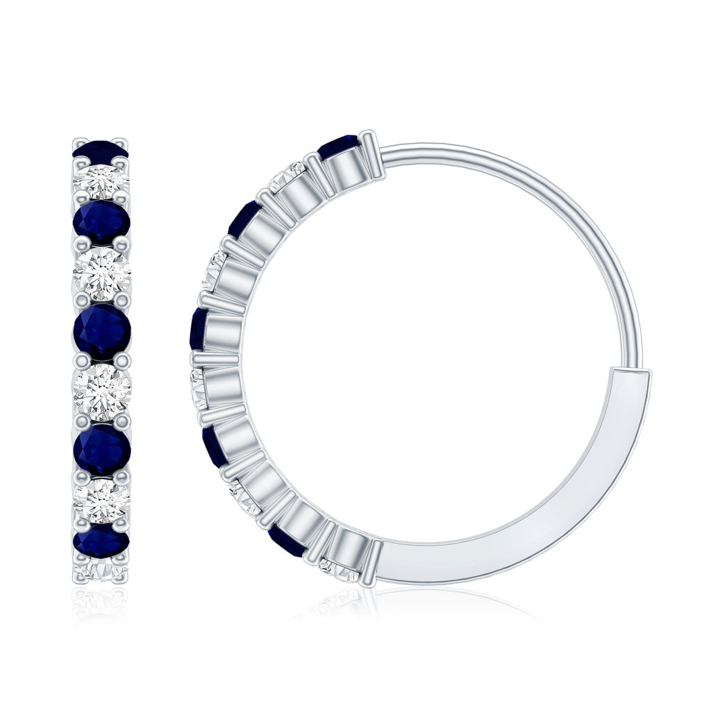 Round Blue Sapphire and Diamond Hinged Hoop Earrings with Certificate