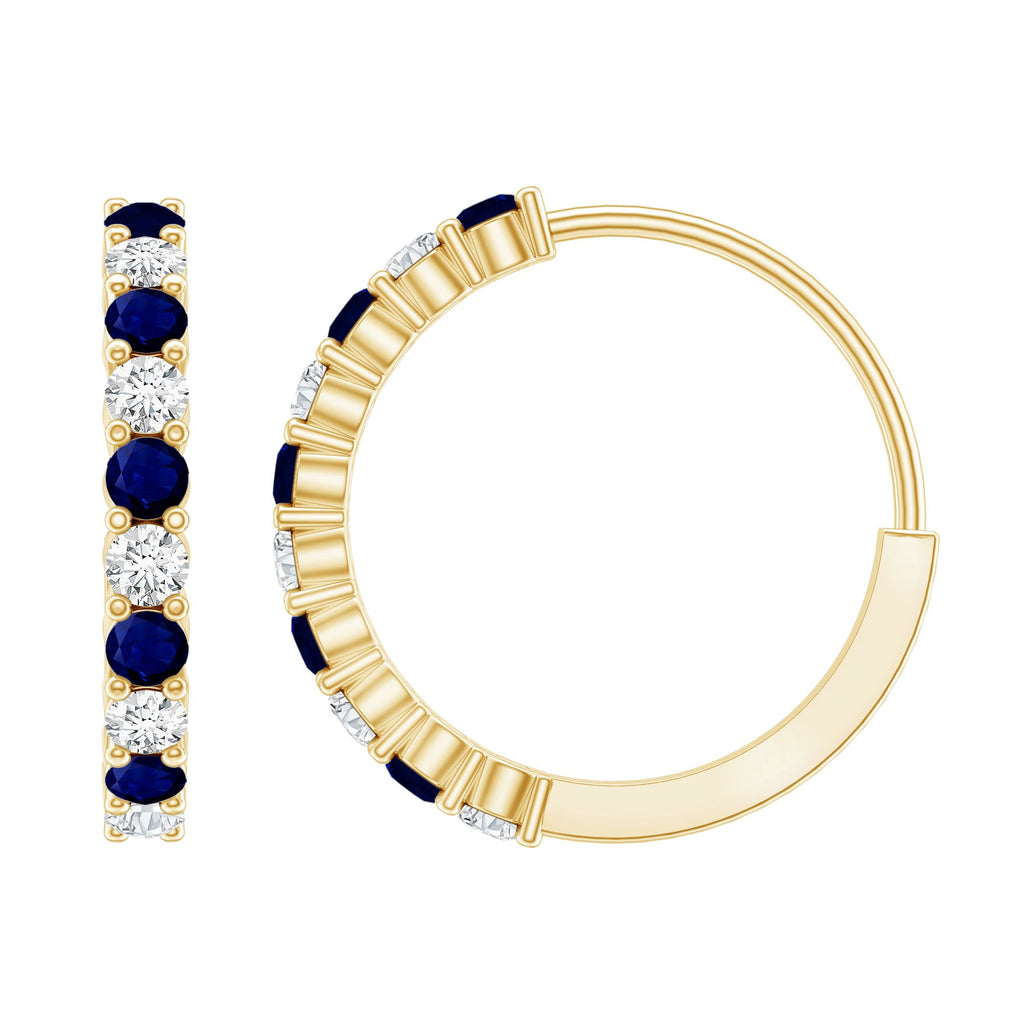 Round Blue Sapphire and Diamond Hinged Hoop Earrings with Certificate