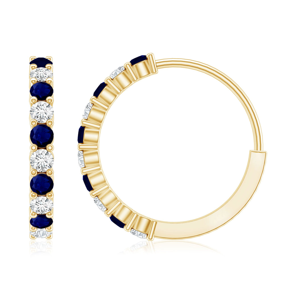 Round Blue Sapphire and Diamond Hinged Hoop Earrings with Certificate