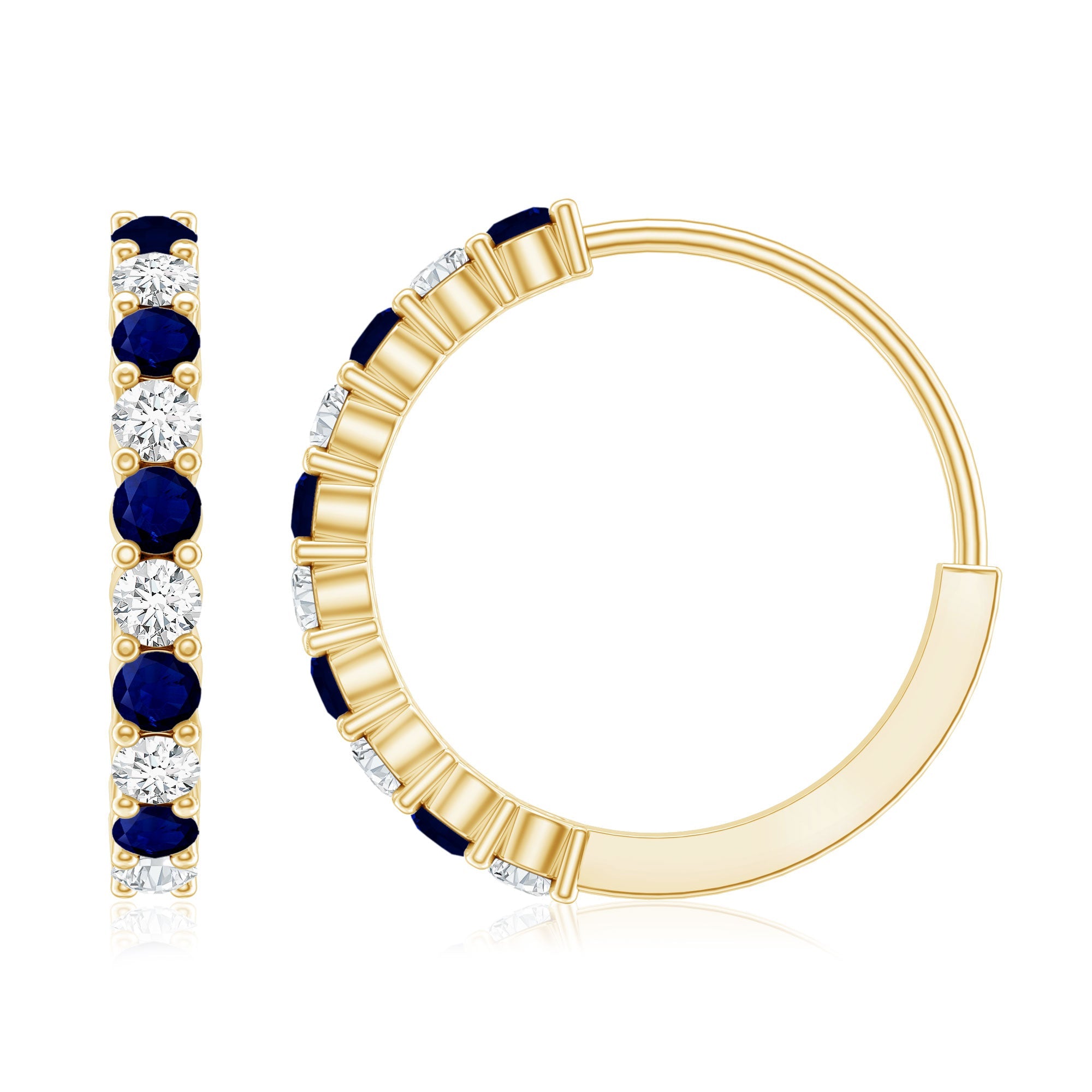 Round Blue Sapphire and Diamond Hinged Hoop Earrings with Certificate
