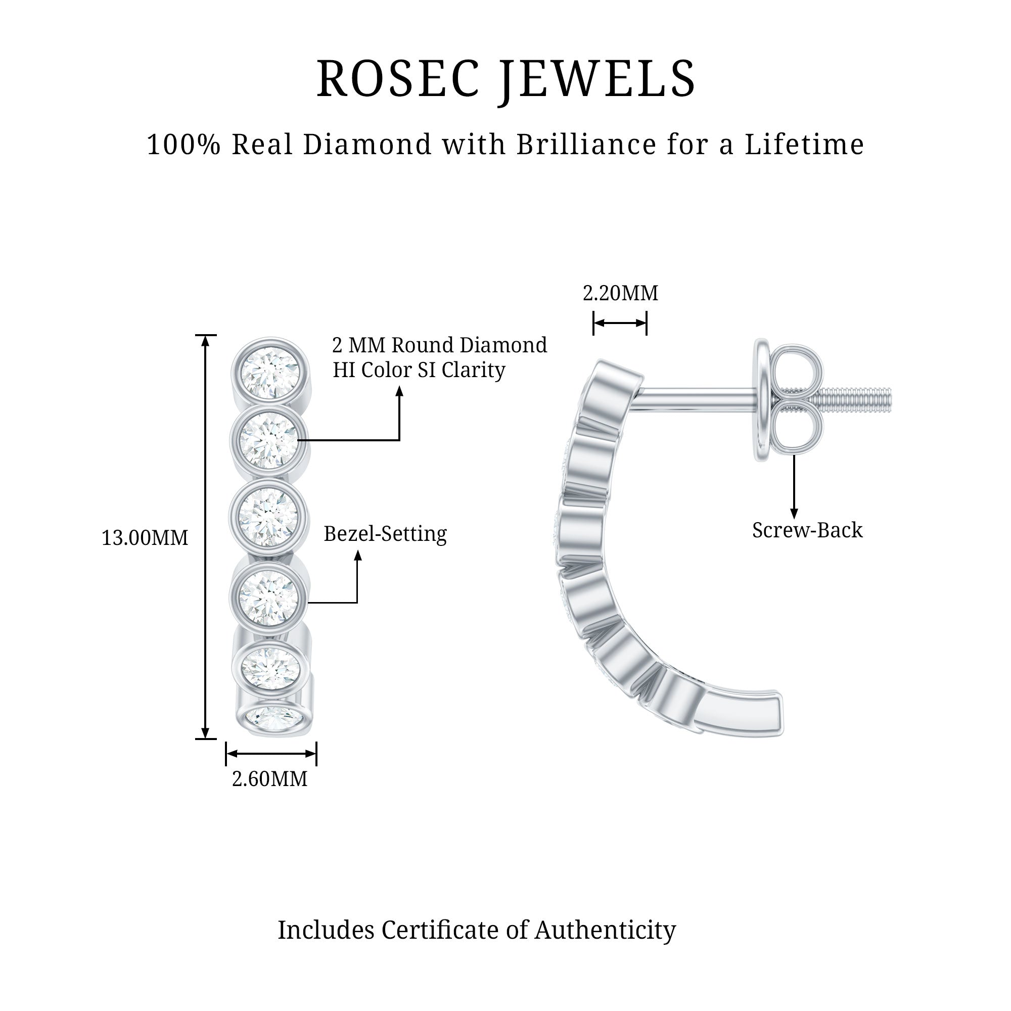 Bezel Set Round Diamond J Hoop Earrings