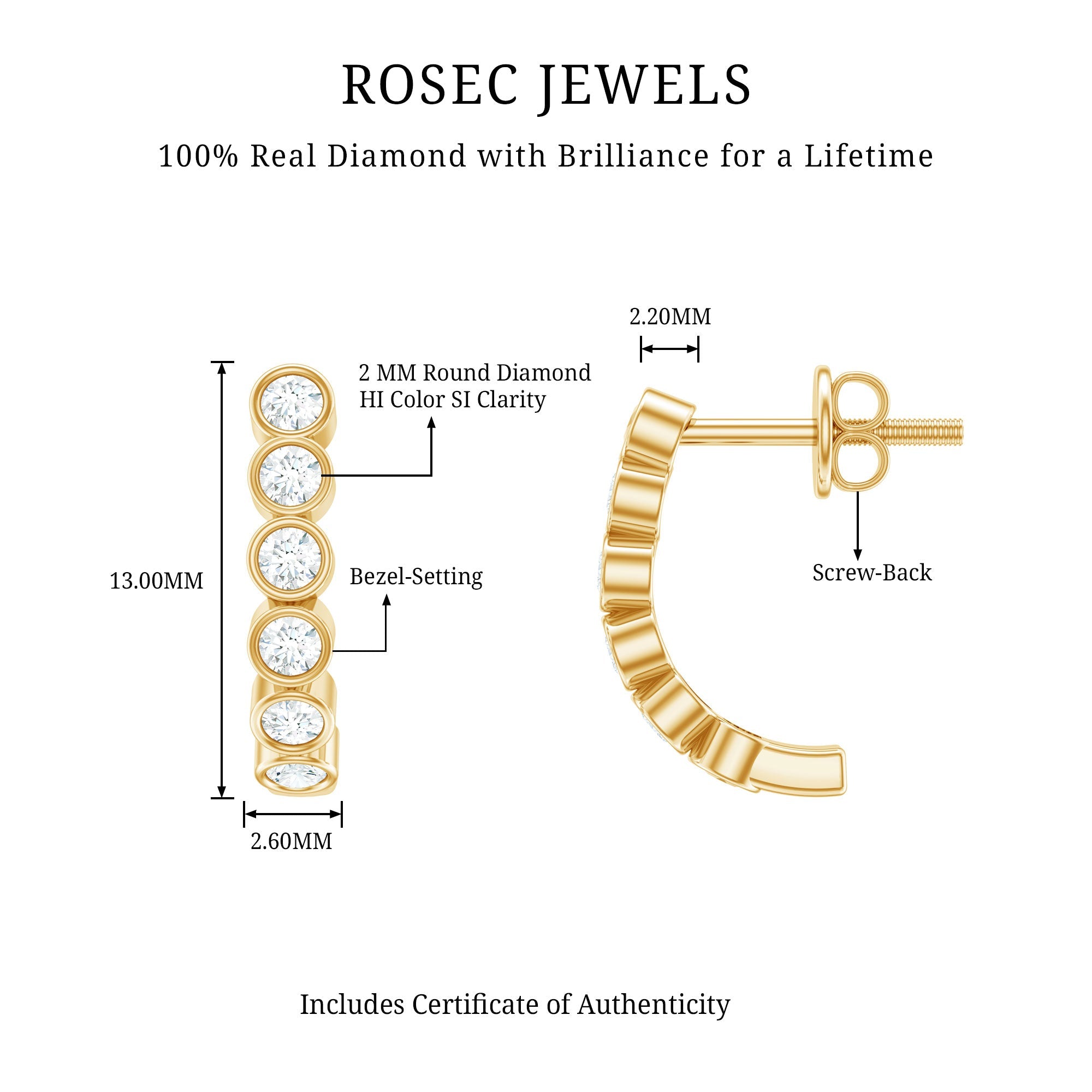 Bezel Set Round Diamond J Hoop Earrings