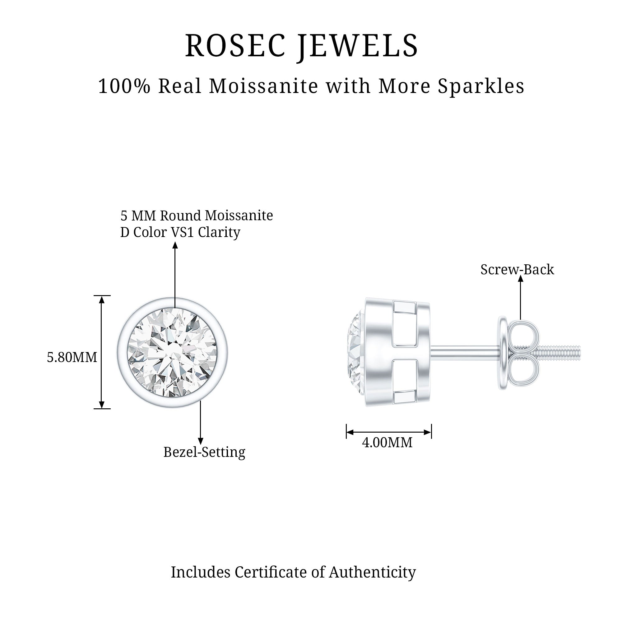 Bezel Set Round Cut Moissanite Stud Earrings