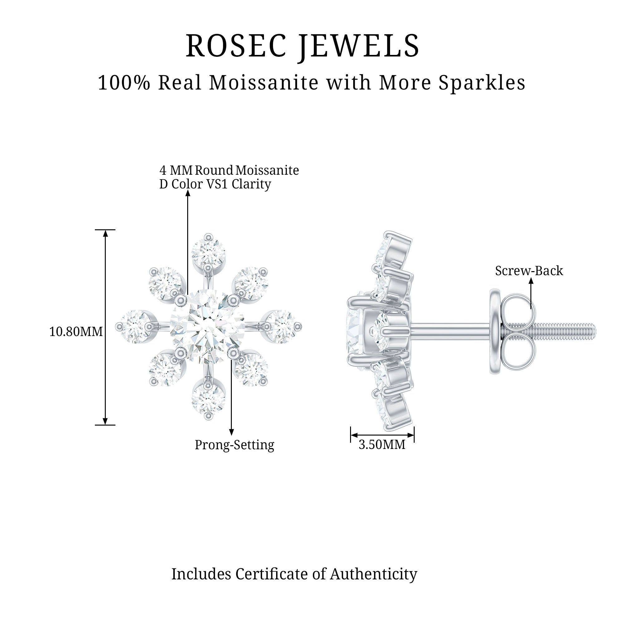 Moissanite Snowflake Stud Earrings with Certificate