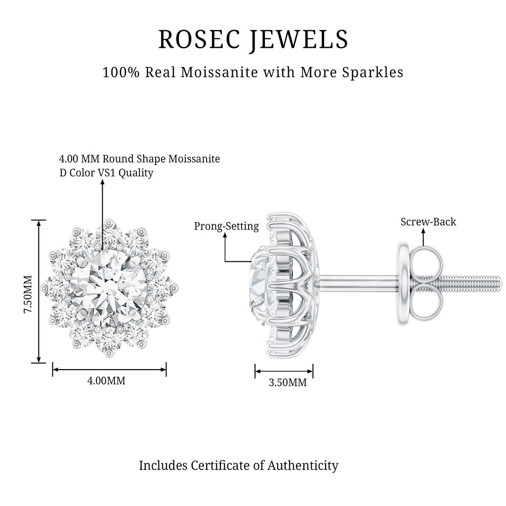 Certified Round Cut Moissanite Halo Stud Earrings for Women