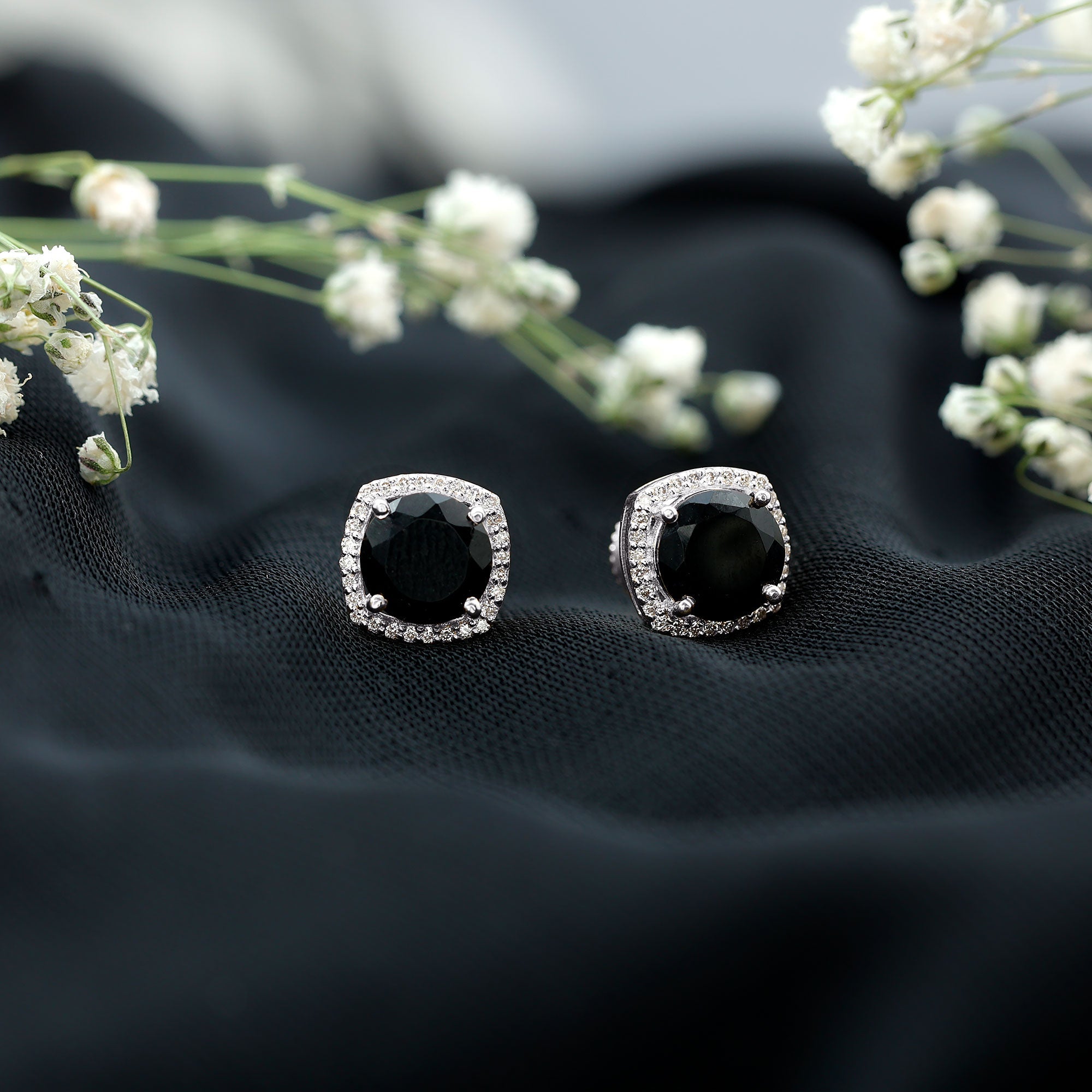 Lab Grown Black and White Diamond Halo Stud Earrings