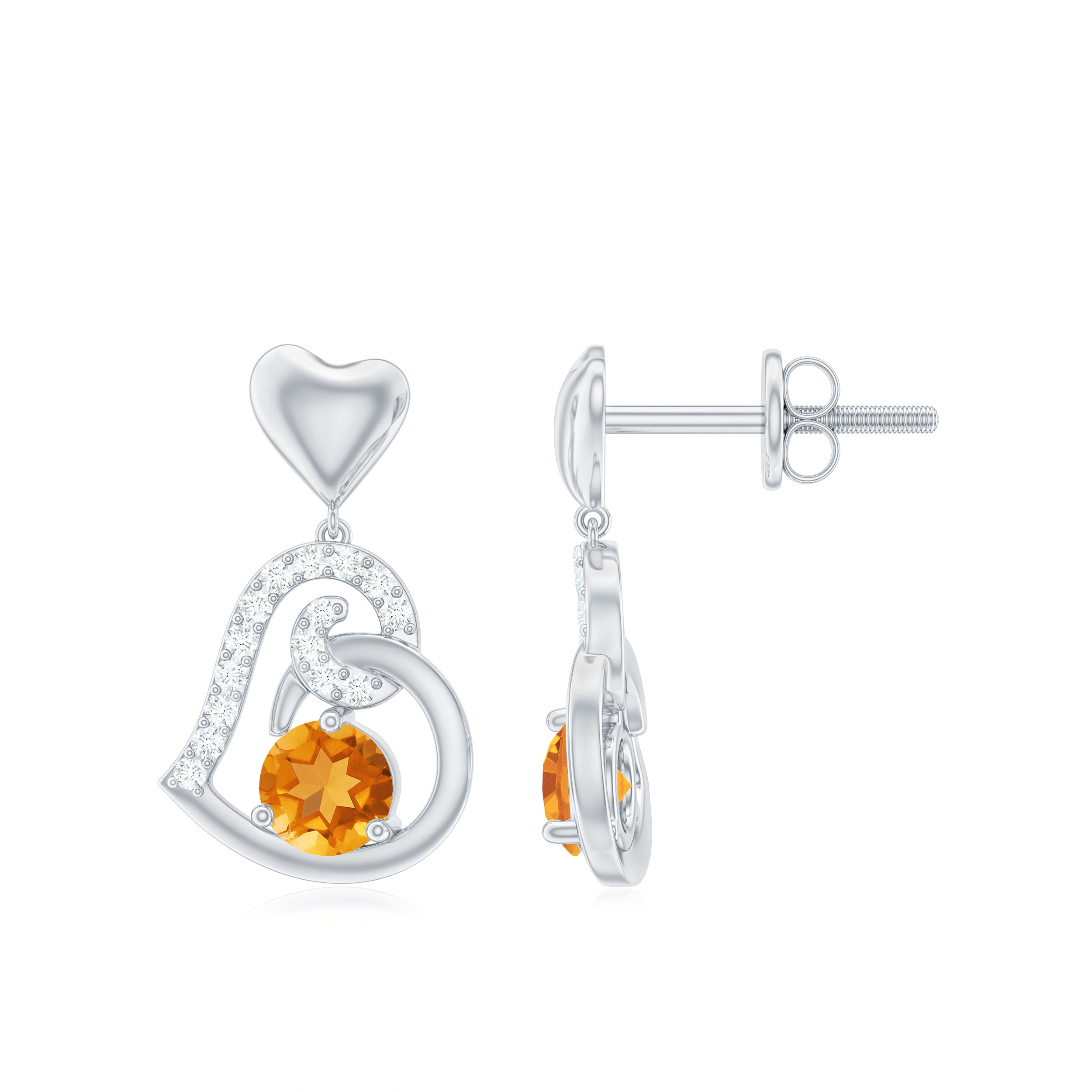 1 Carat Round Citrine and Diamond Heart Drop Earrings