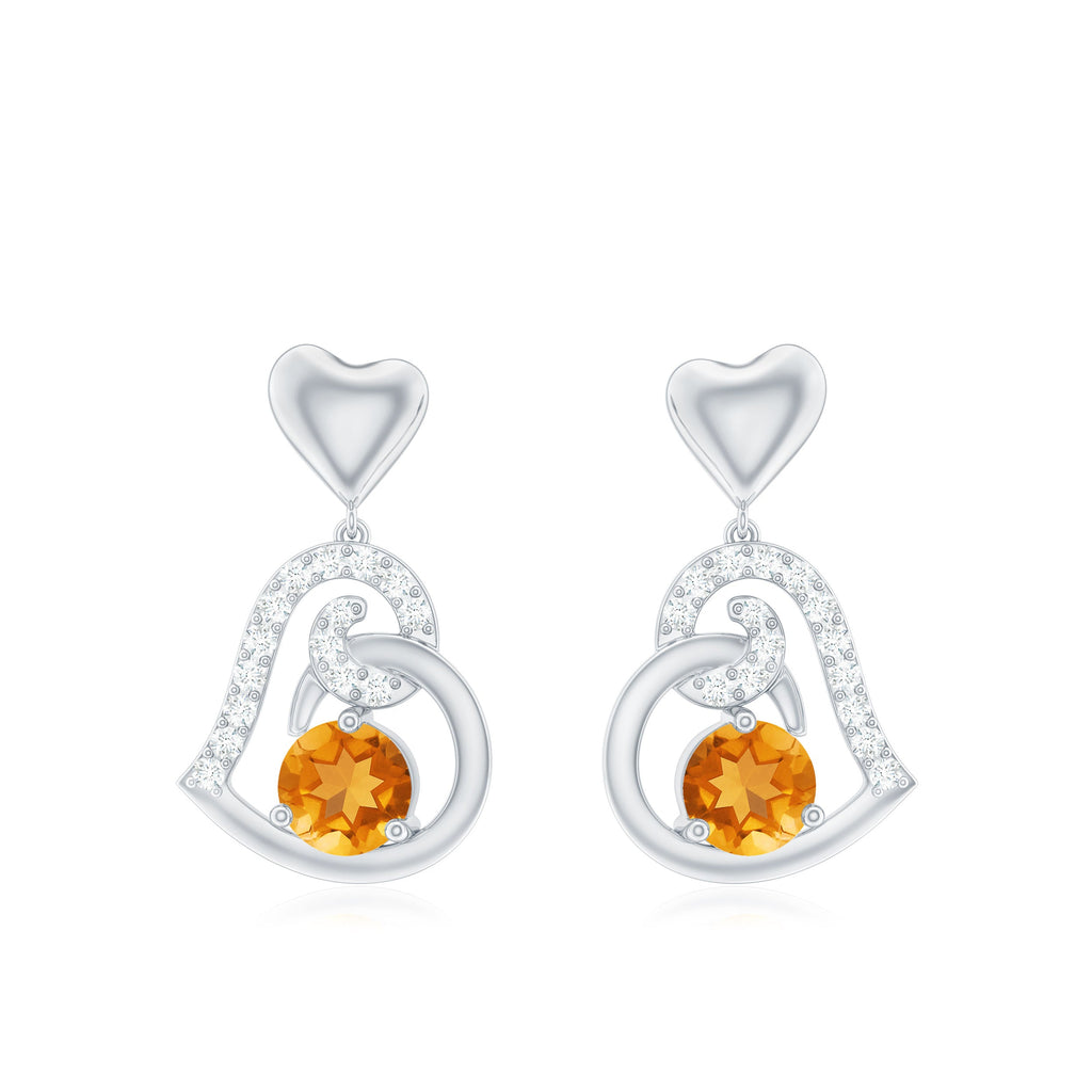 1 Carat Round Citrine and Diamond Heart Drop Earrings