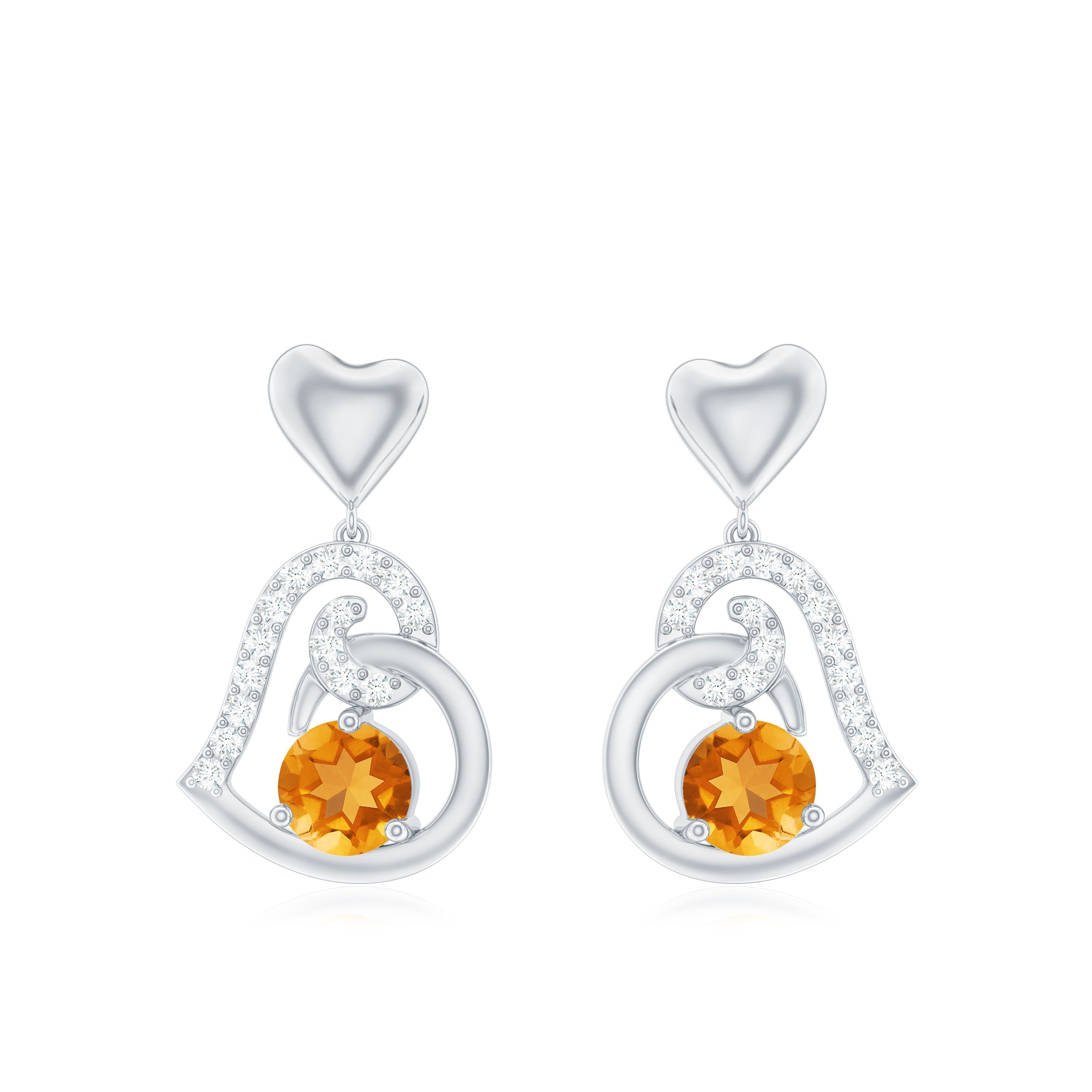 1 Carat Round Citrine and Diamond Heart Drop Earrings
