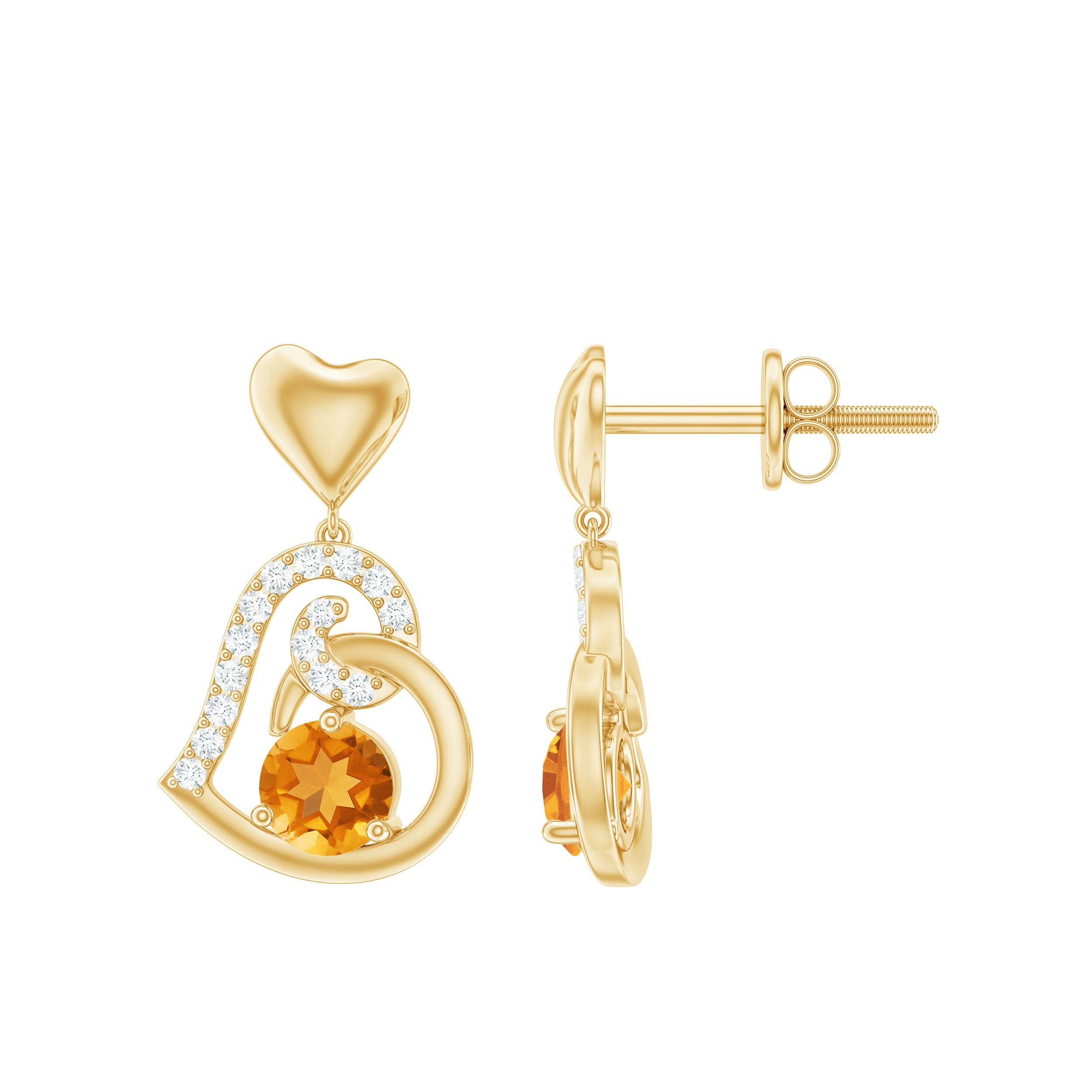 1 Carat Round Citrine and Diamond Heart Drop Earrings