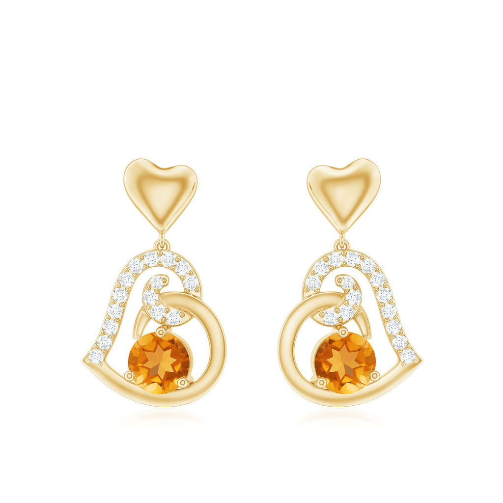1 Carat Round Citrine and Diamond Heart Drop Earrings