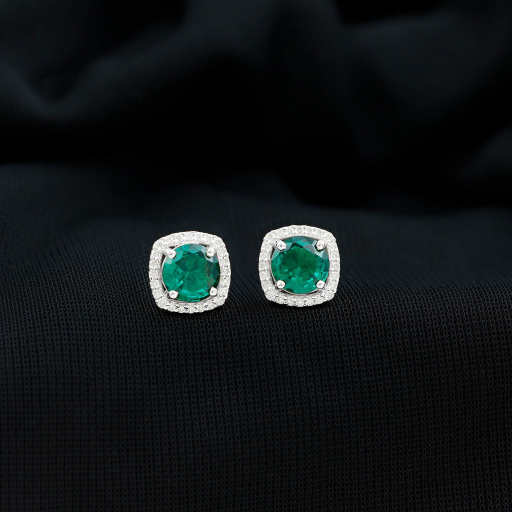 1.6 Carat Lab Grown Emerald Stud Earrings with Diamond Halo