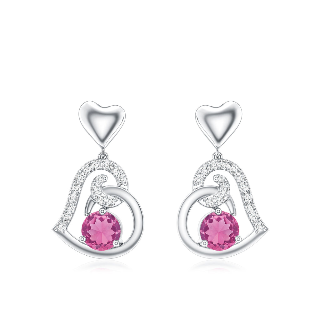 Real Pink Tourmaline and Diamond Heart Drop Earrings