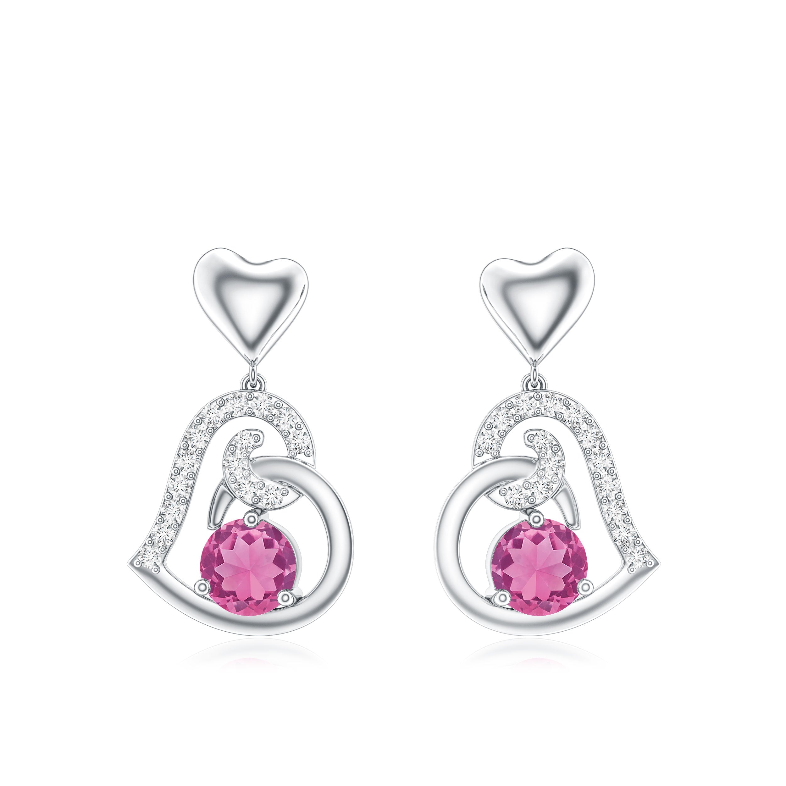 Real Pink Tourmaline and Diamond Heart Drop Earrings