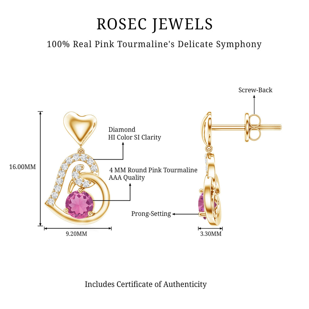 Real Pink Tourmaline and Diamond Heart Drop Earrings