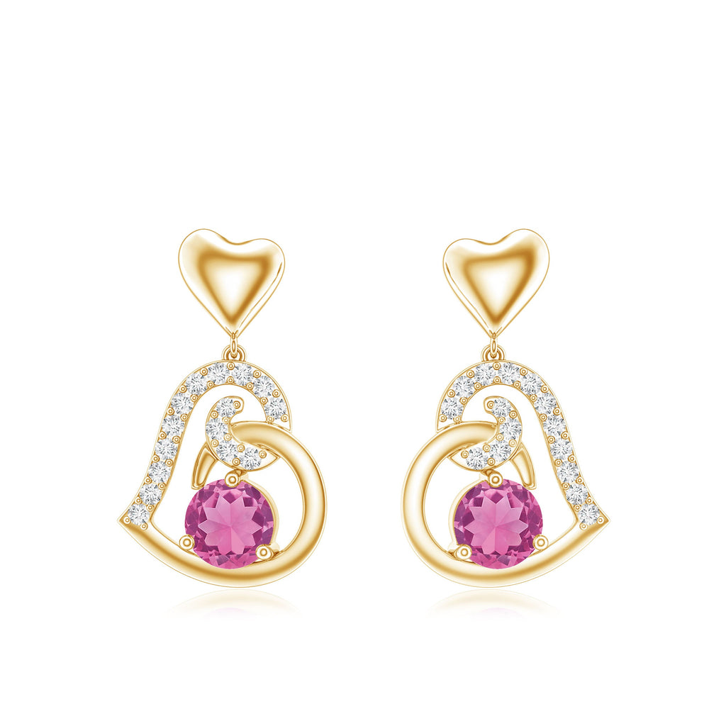 Real Pink Tourmaline and Diamond Heart Drop Earrings