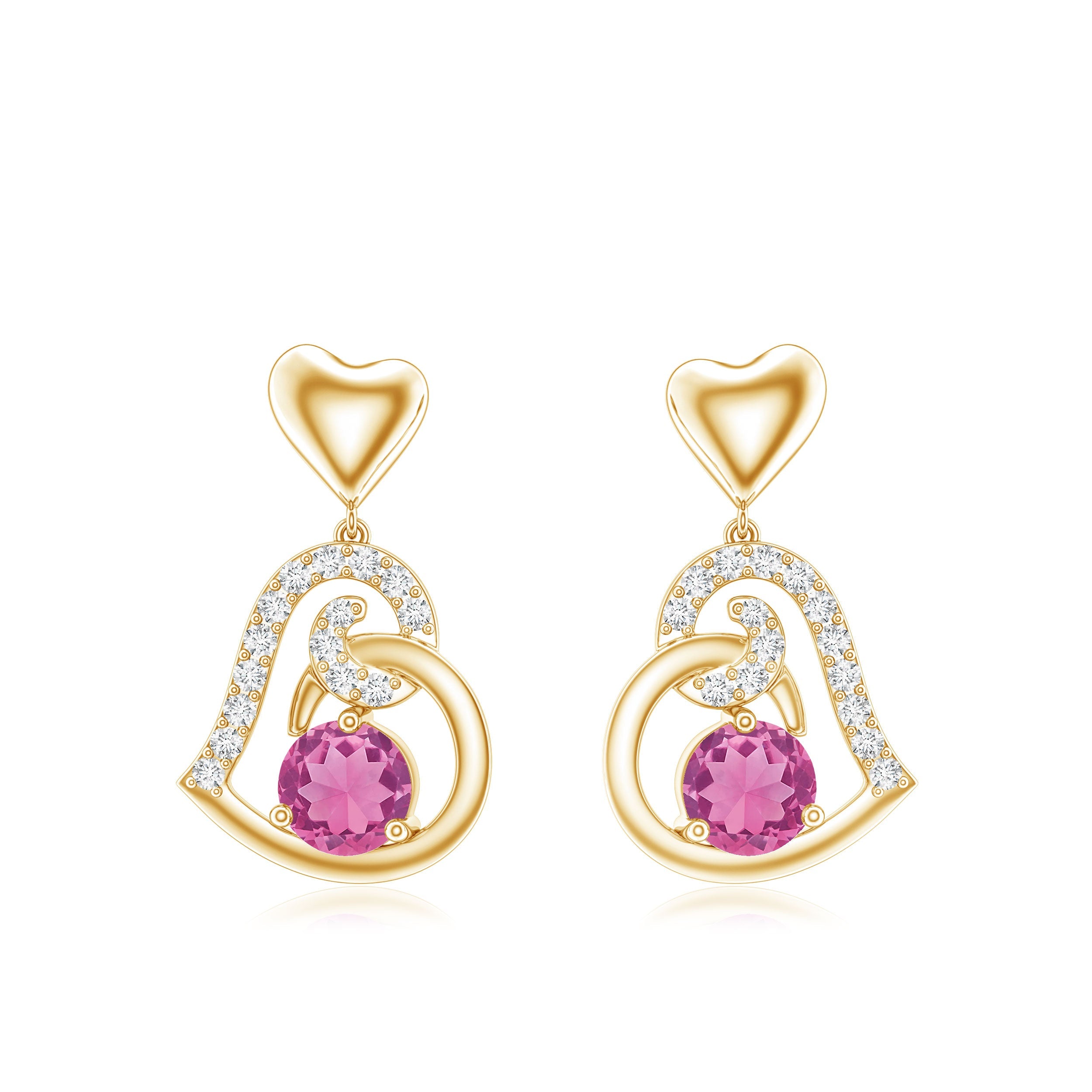 Real Pink Tourmaline and Diamond Heart Drop Earrings
