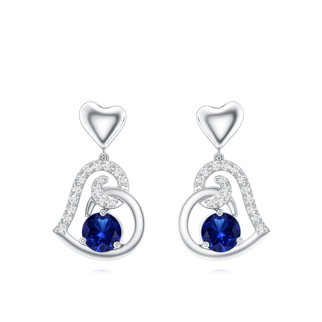Created Blue Sapphire and Diamond Heart Drop Earrings
