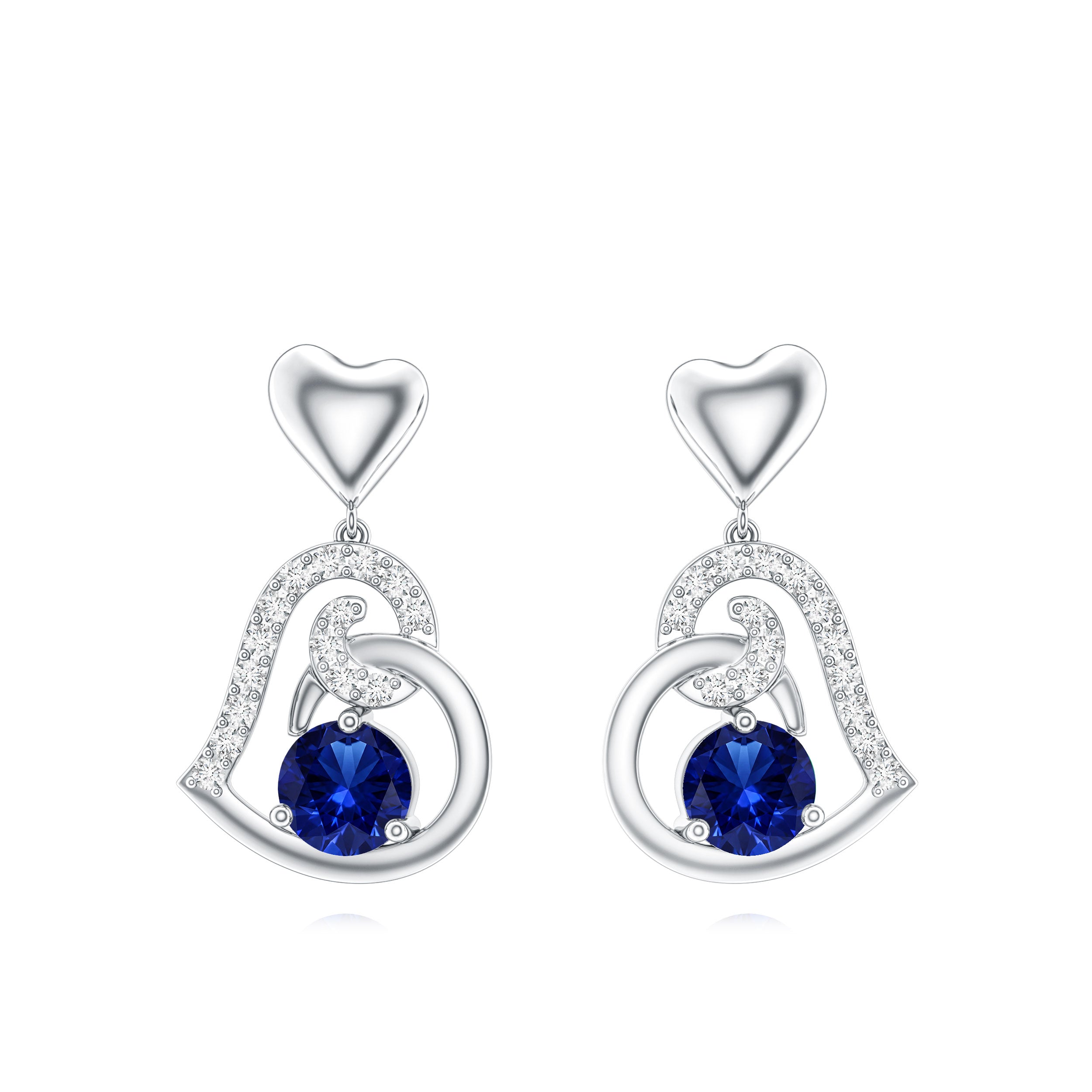 Created Blue Sapphire and Diamond Heart Drop Earrings