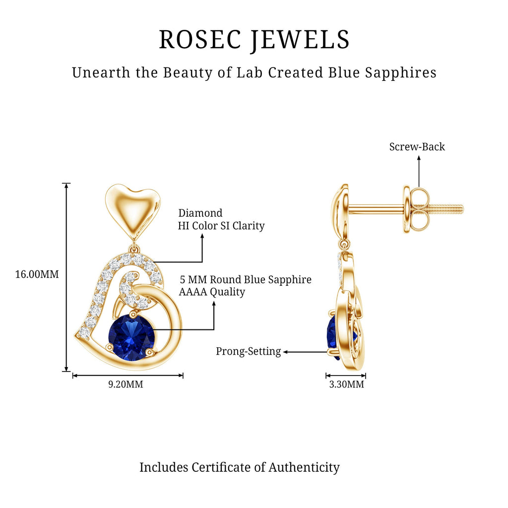 Created Blue Sapphire and Diamond Heart Drop Earrings
