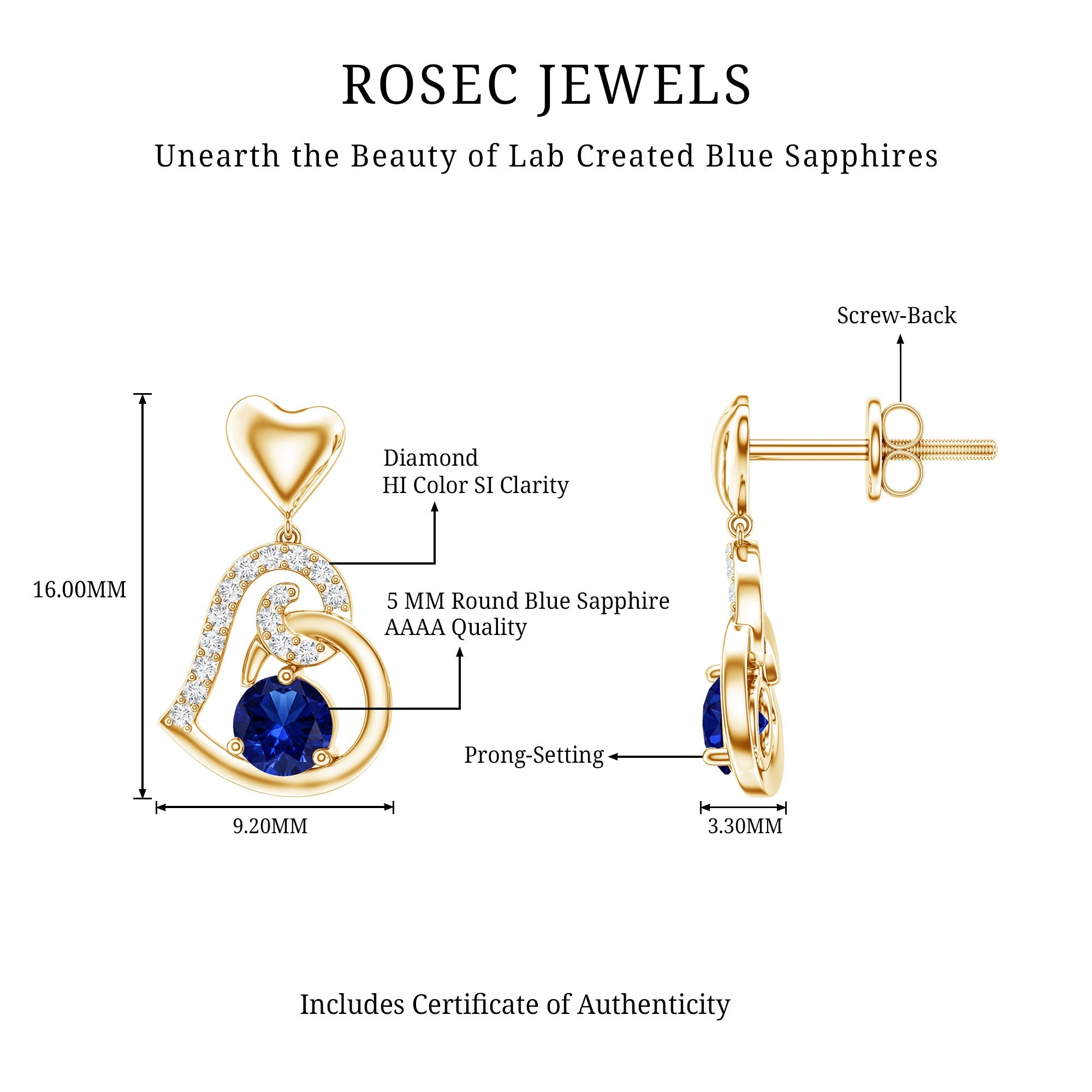 Created Blue Sapphire and Diamond Heart Drop Earrings