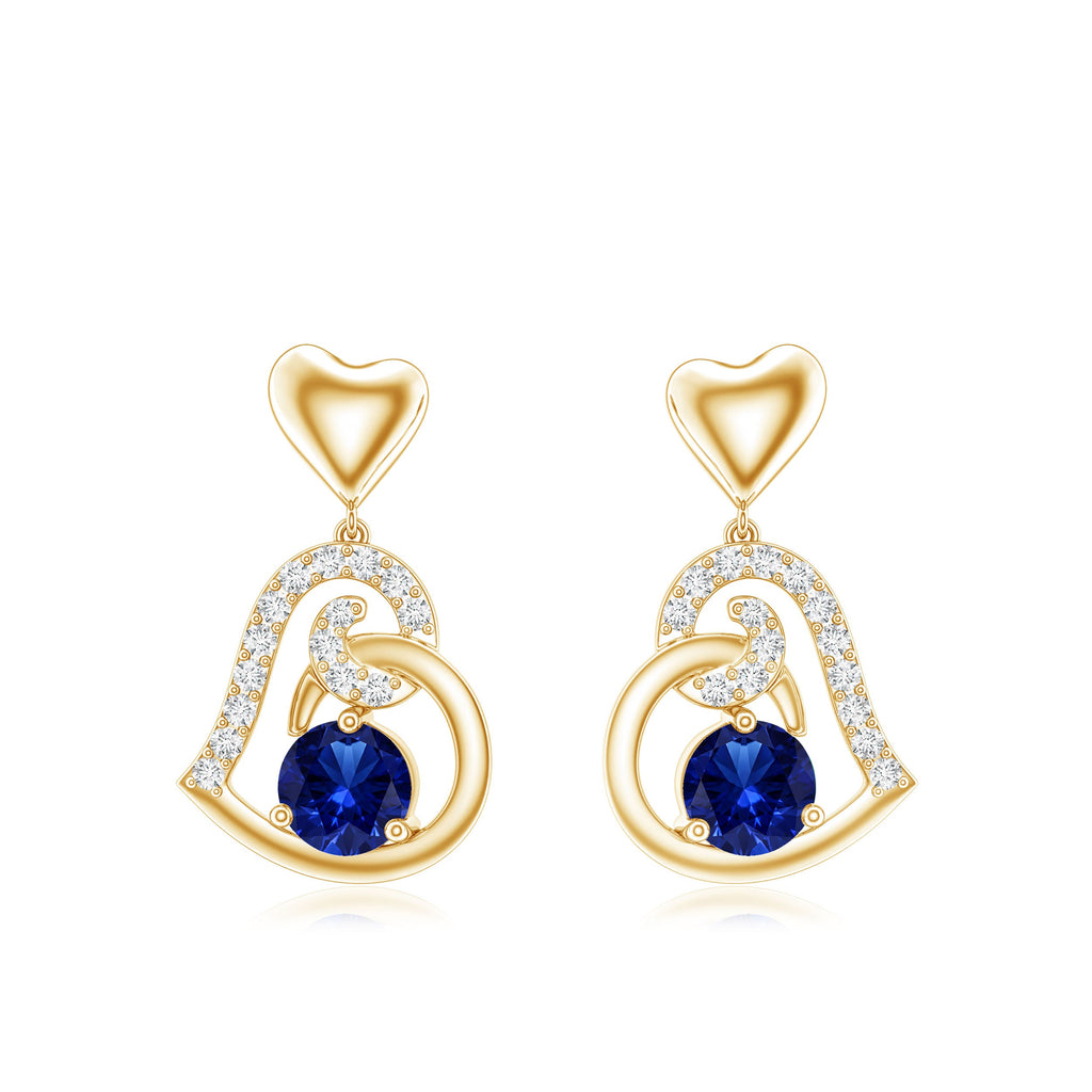 Created Blue Sapphire and Diamond Heart Drop Earrings