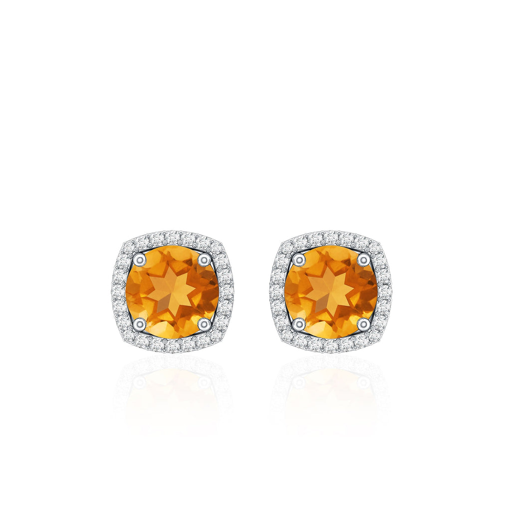 Round Shape Citrine Stud Earrings with Diamond Halo