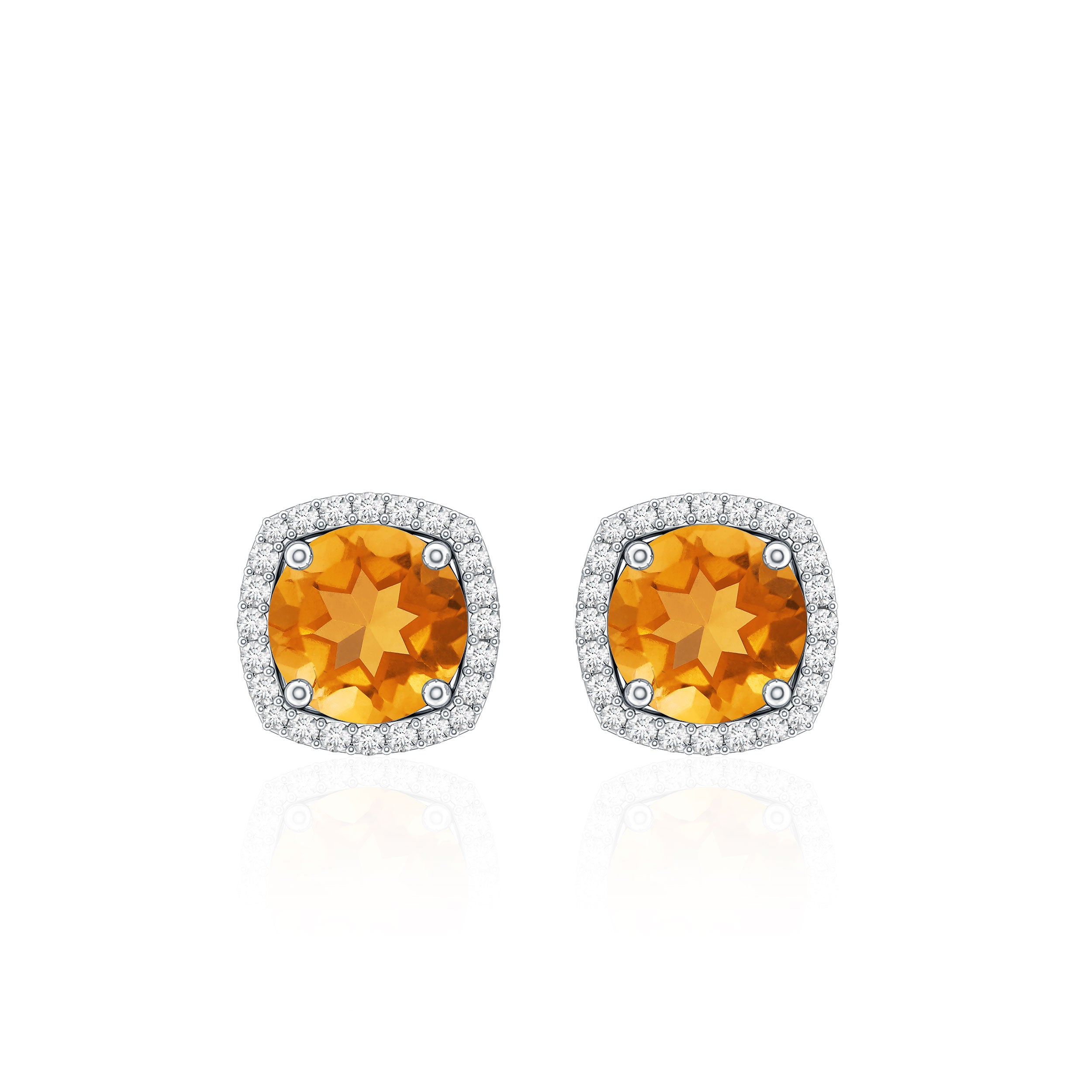 Round Shape Citrine Stud Earrings with Diamond Halo