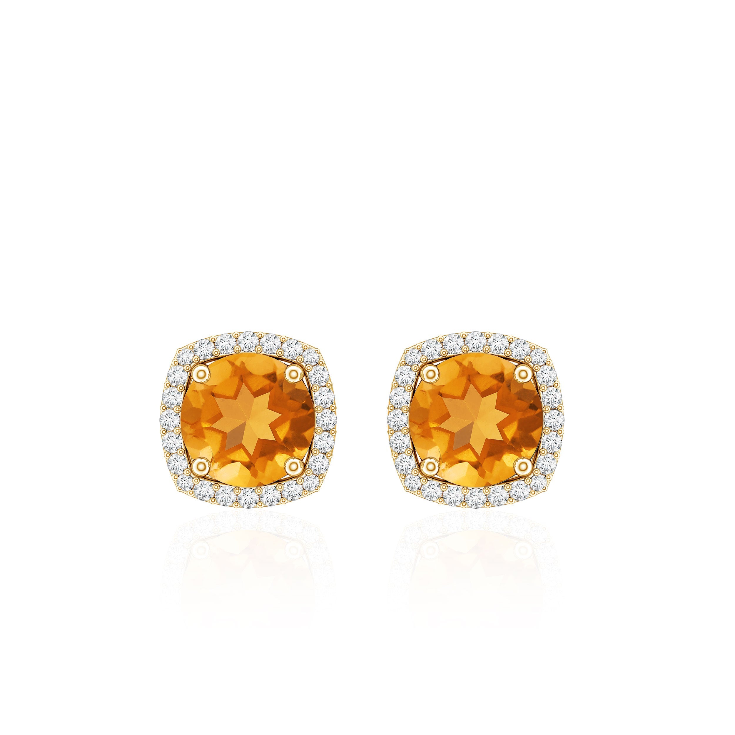 Round Shape Citrine Stud Earrings with Diamond Halo