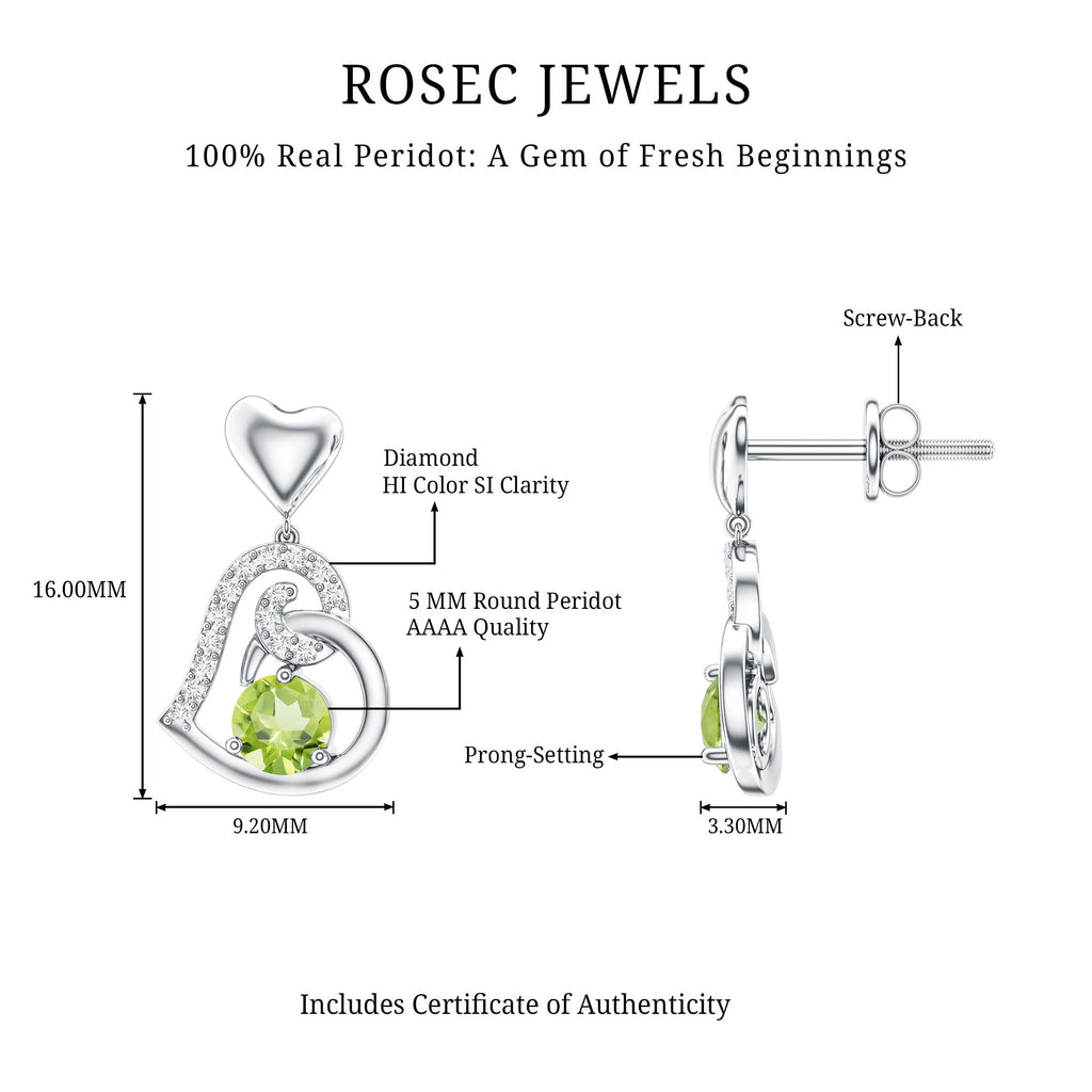 Solitaire Peridot Heart Drop Earrings with Diamond Accent